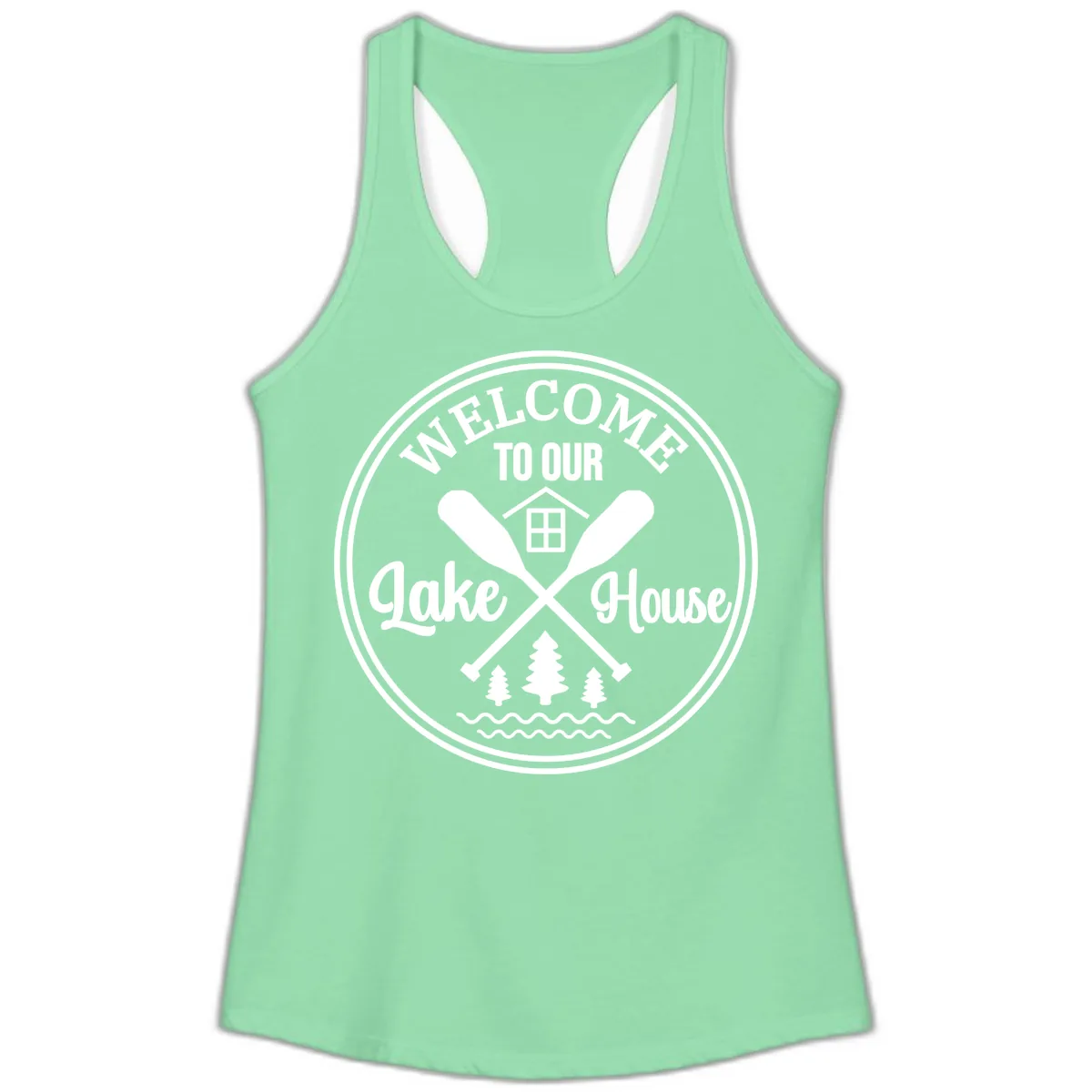 Welcome To Our Lake House Design Ladies Tank in Solid Mint