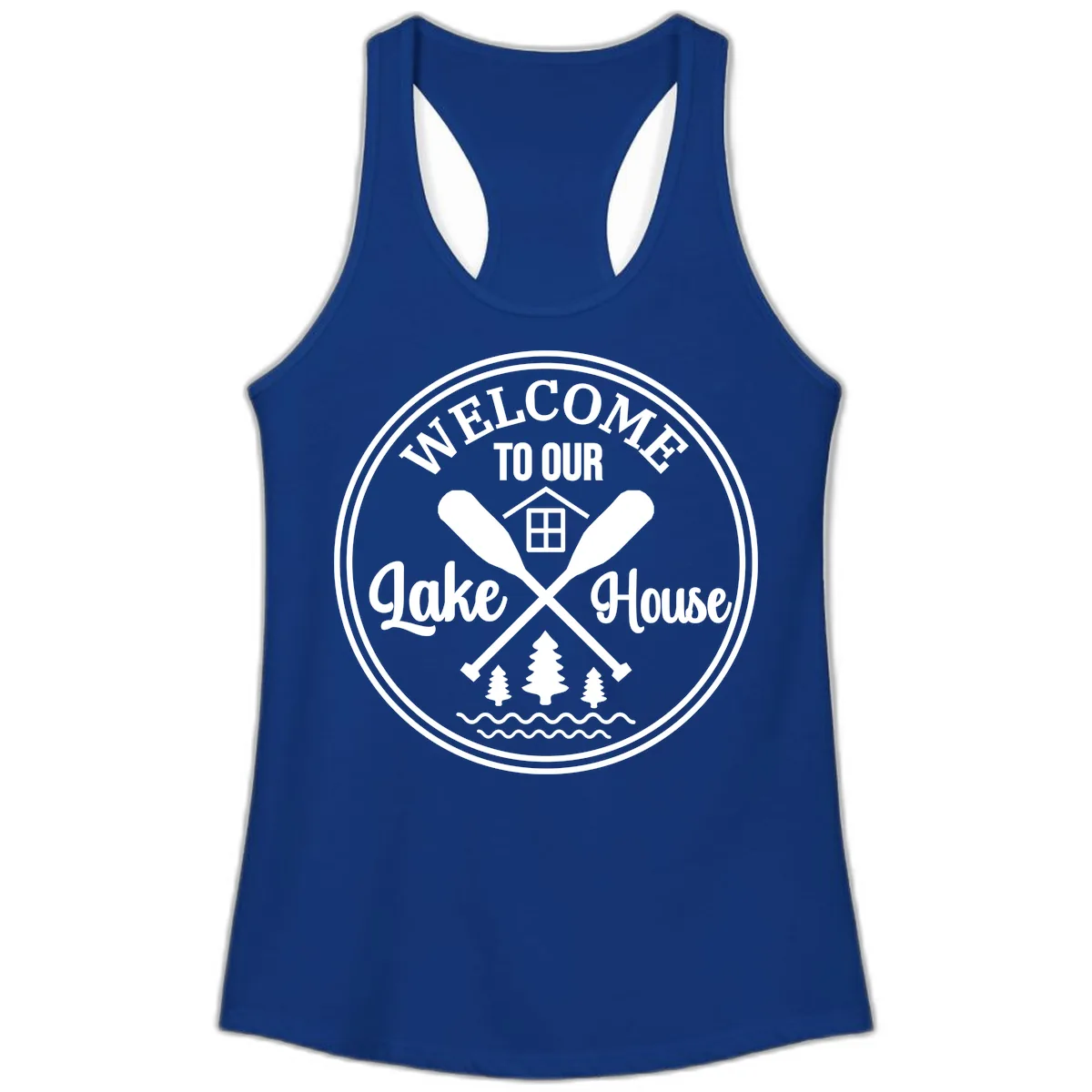 Welcome To Our Lake House Design Ladies Tank in Solid Royal