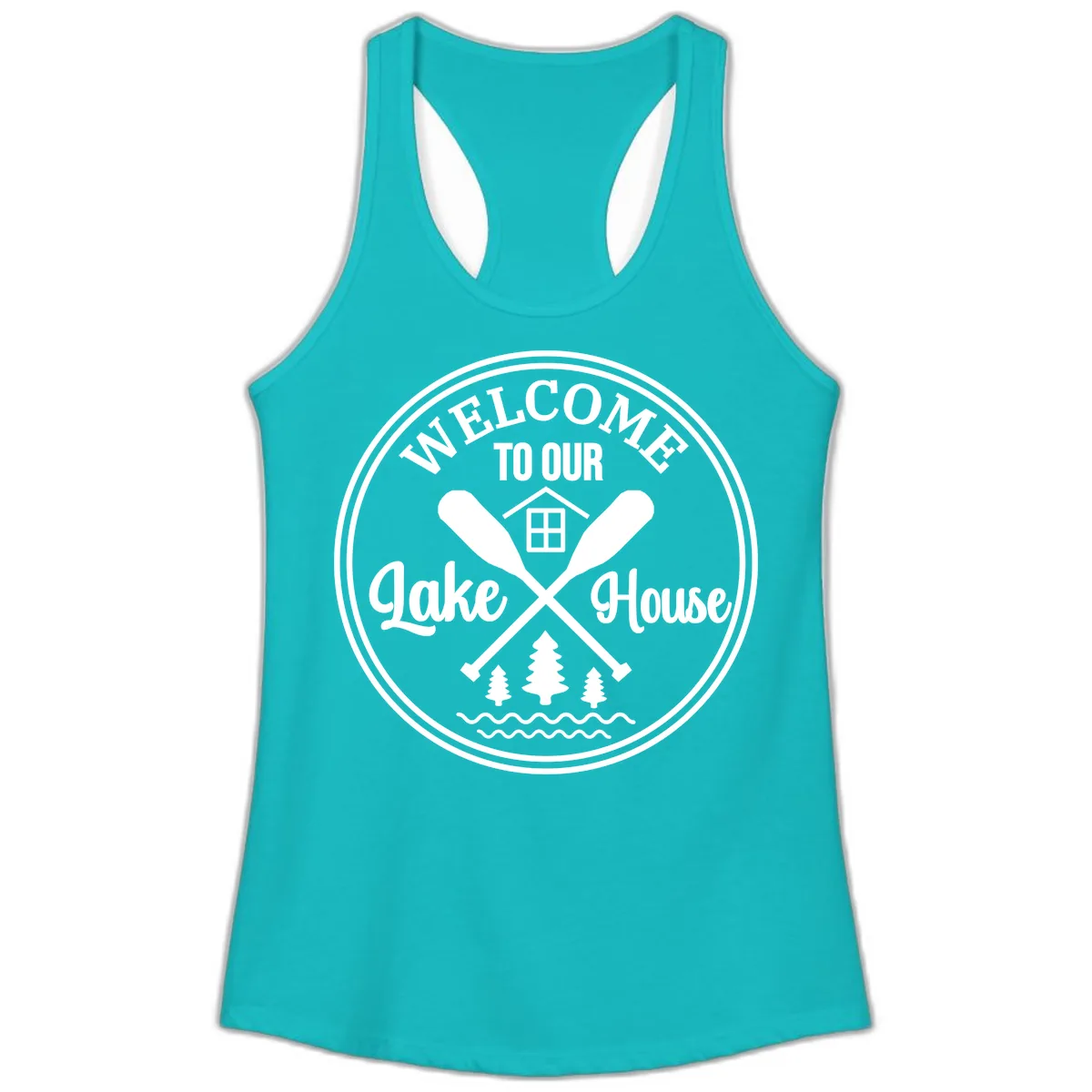Welcome To Our Lake House Design Ladies Tank in Tahiti Blue