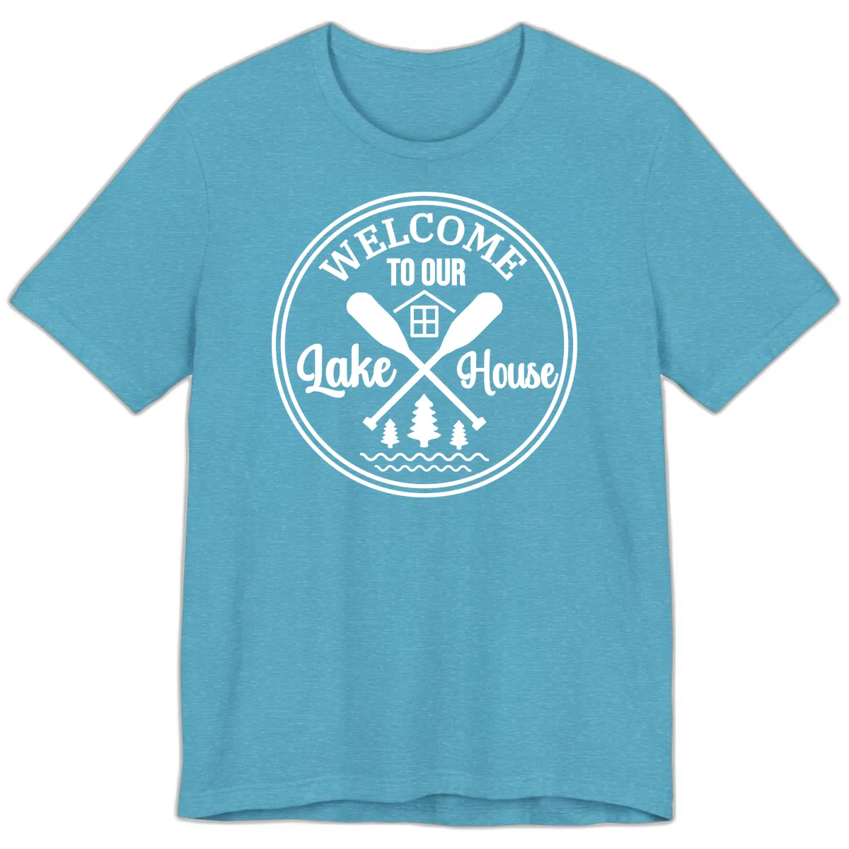 Welcome To Our Lake House Design Premium T-Shirt in Heather Aqua