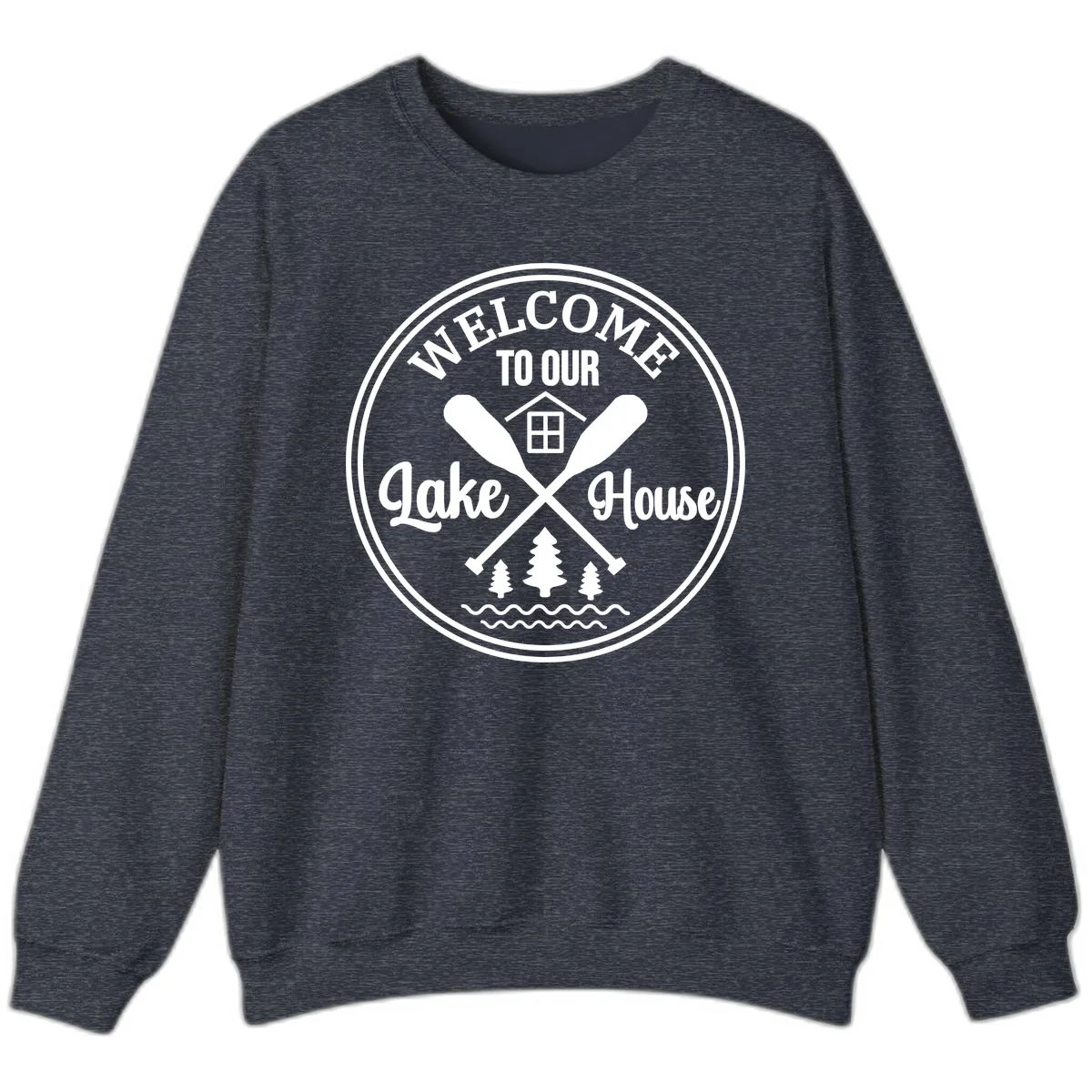 Welcome To Our Lake House Design Sweatshirt in Heather Sport Dark Navy