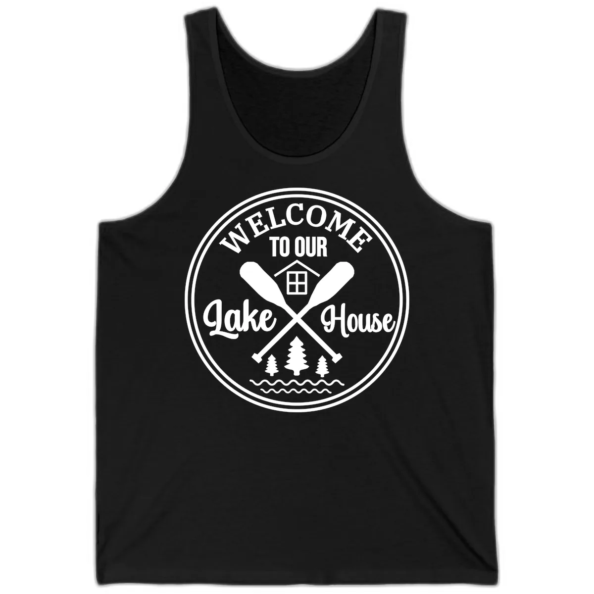 Welcome To Our Lake House Design Tank in Black