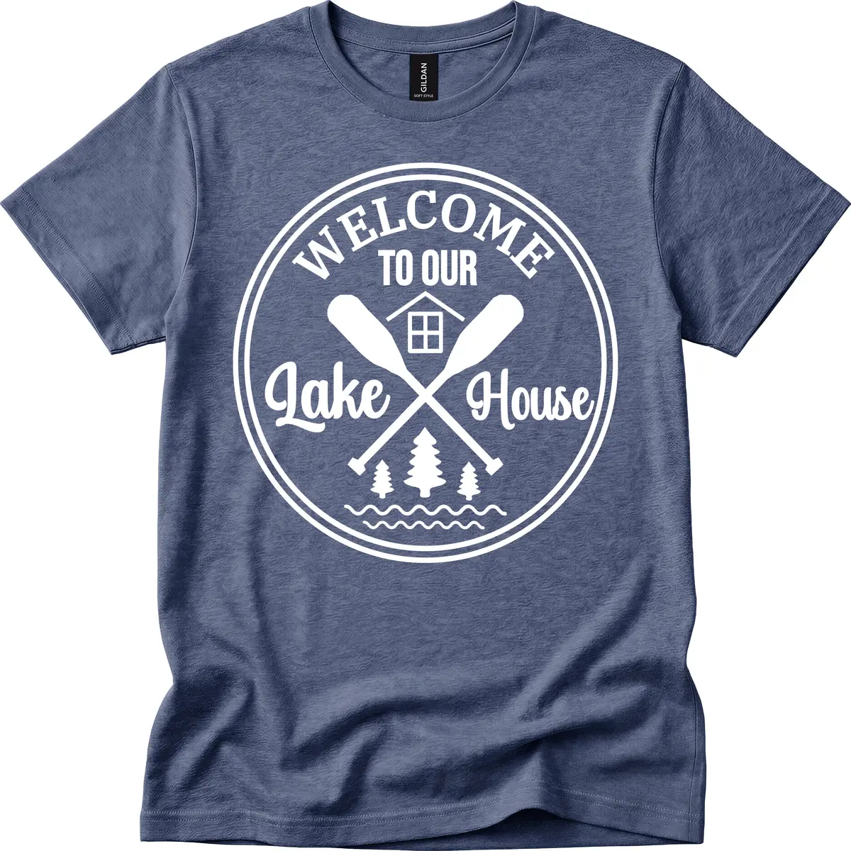 Welcome To Our Lake House Design T-Shirt in Heather Navy
