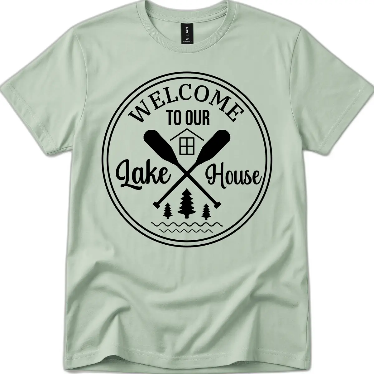 Welcome To Our Lake House Design T-Shirt in Sage