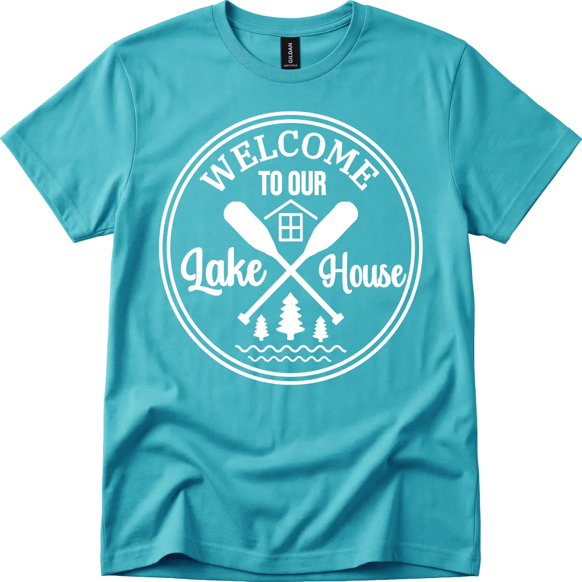 Welcome To Our Lake House Design T-Shirt in Tropical Blue
