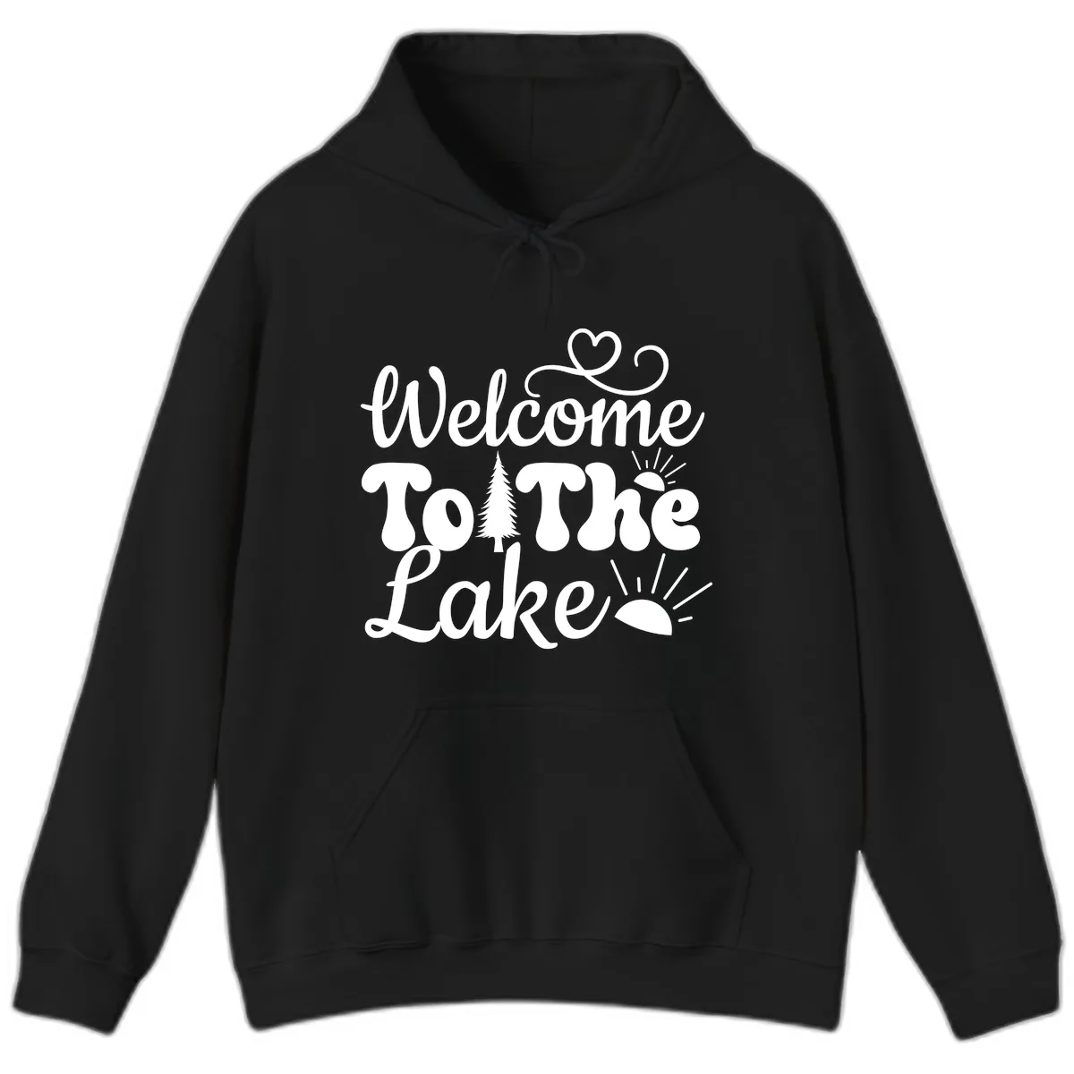 Welcome To The Lake Typography Design Hoodie in Black