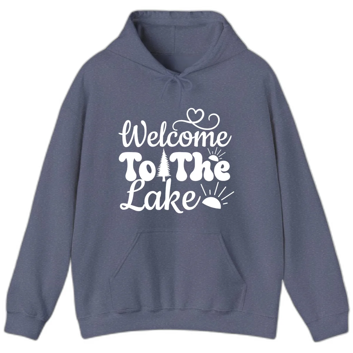 Welcome To The Lake Typography Design Hoodie in Heather Navy