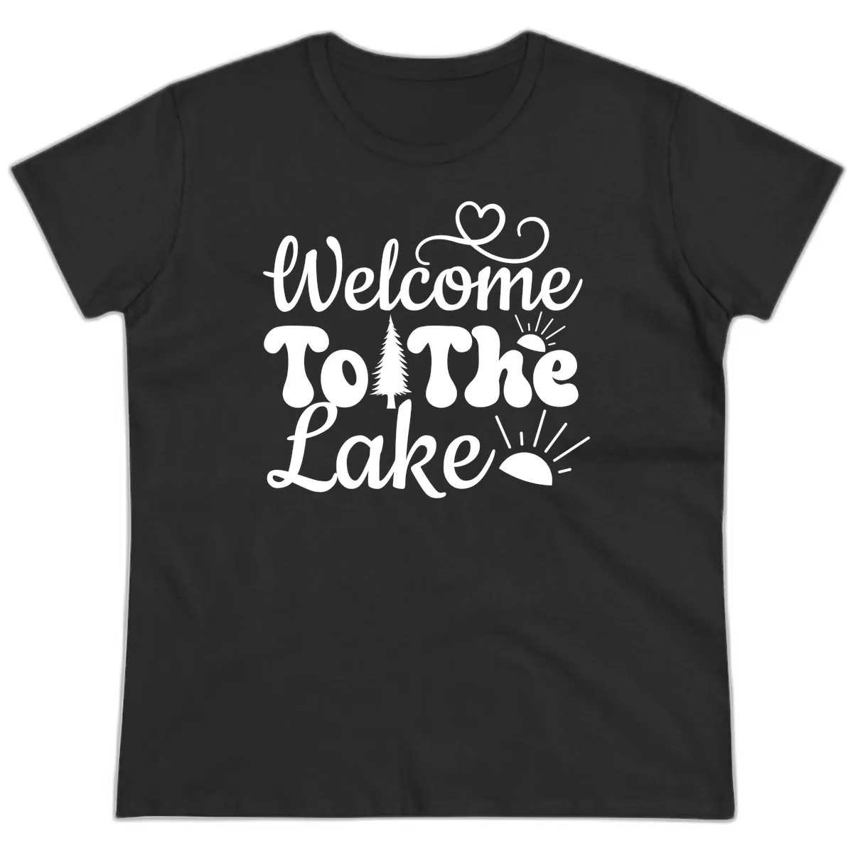 Welcome To The Lake Typography Design Ladies Tee in Black