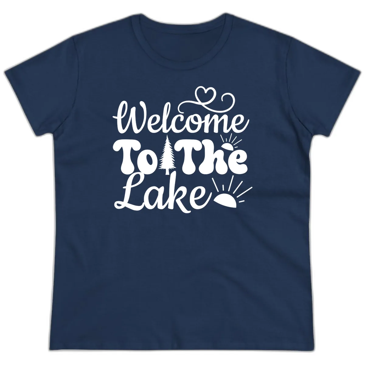 Welcome To The Lake Typography Design Ladies Tee in Navy