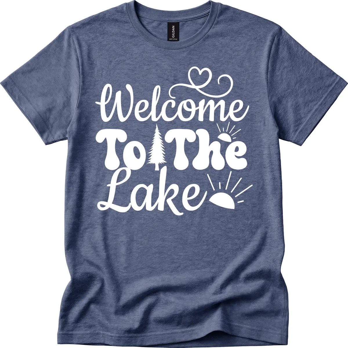 Welcome To The Lake Typography Design T-Shirt in Heather Navy