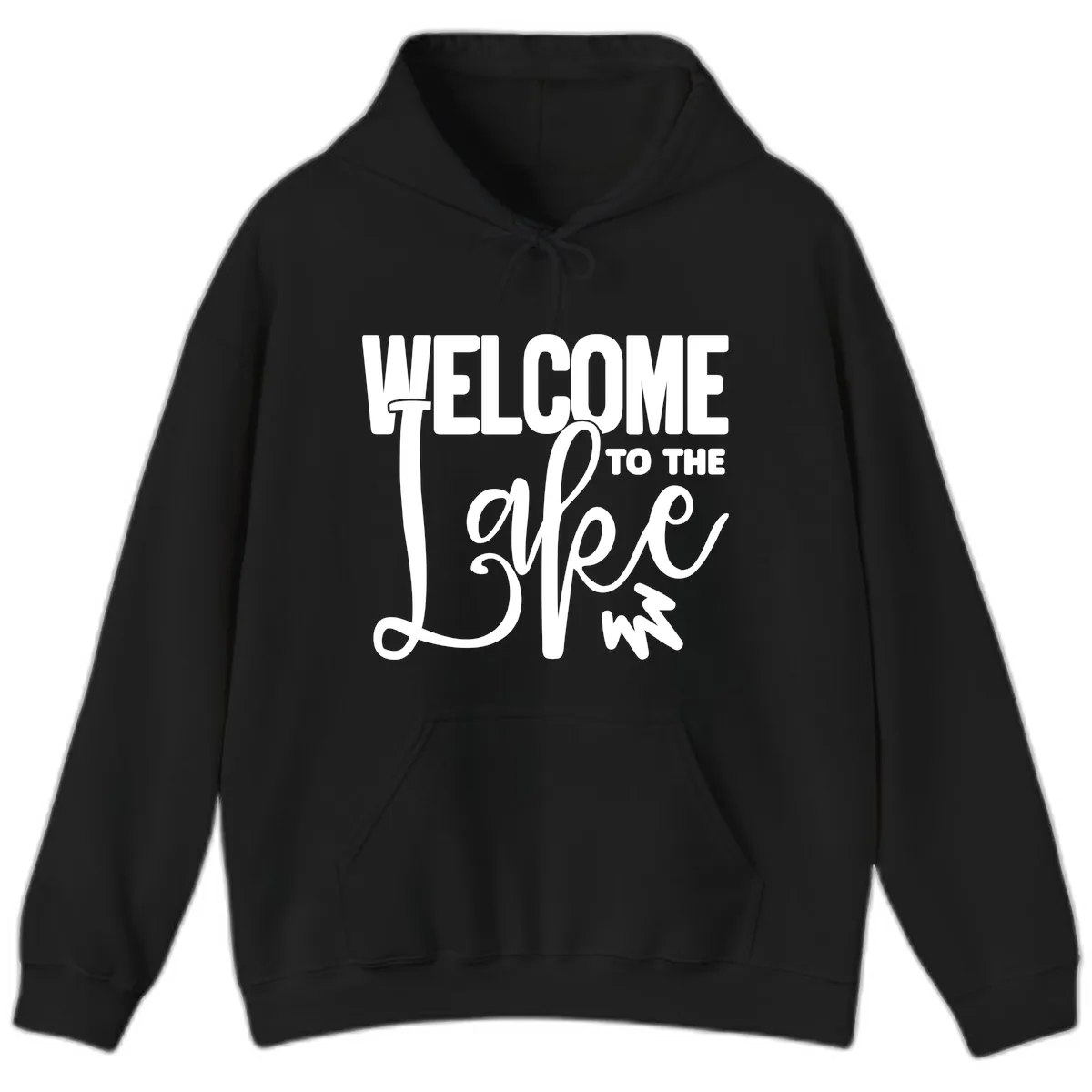 Welcome To The Lake Typography Design Hoodie in Black