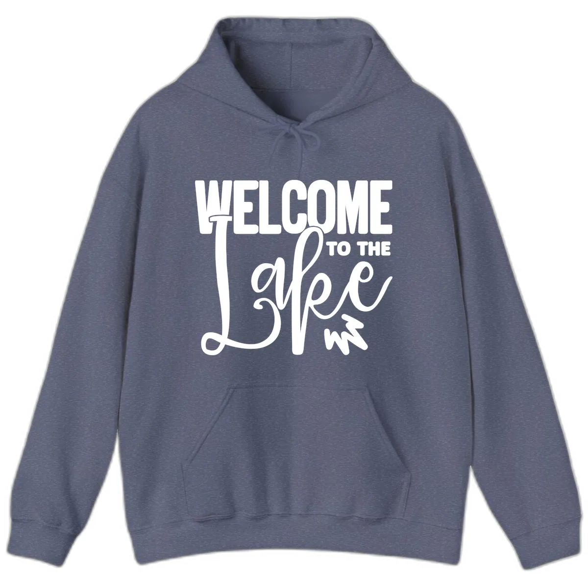 Welcome To The Lake Typography Design Hoodie in Heather Navy