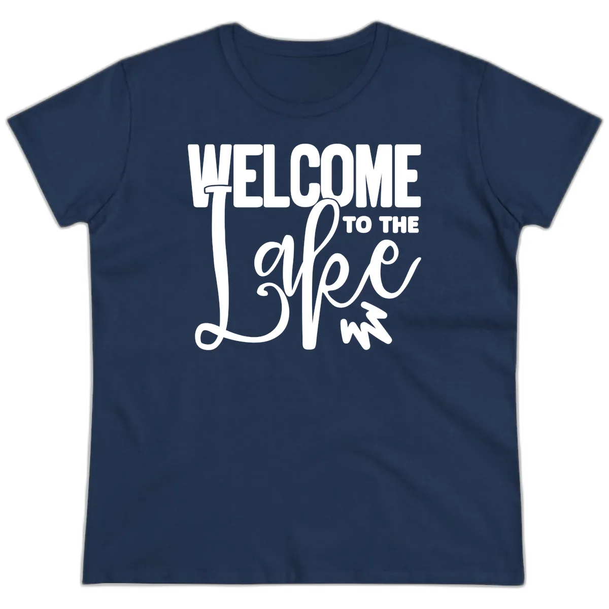 Welcome To The Lake Typography Design Ladies Tee in Navy