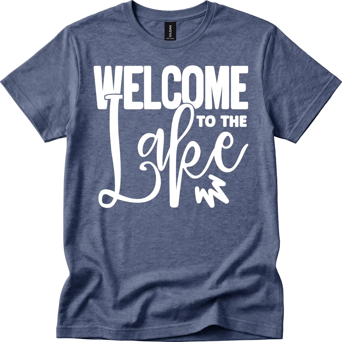 Welcome To The Lake Typography Design T-Shirt in Heather Navy