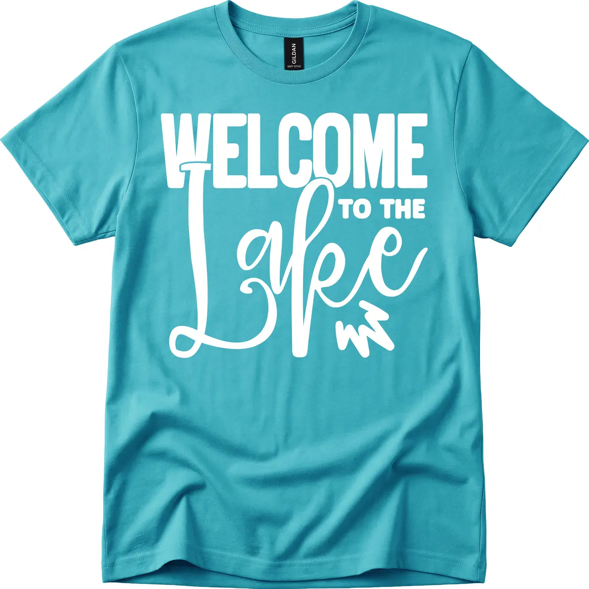 Welcome To The Lake Typography Design T-Shirt in Tropical Blue