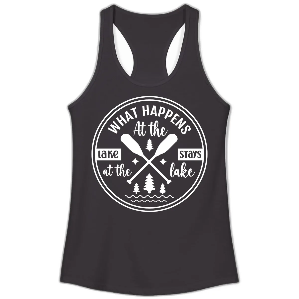 What Happens At The Lake Stays At The Lake Design Ladies Tank in Black