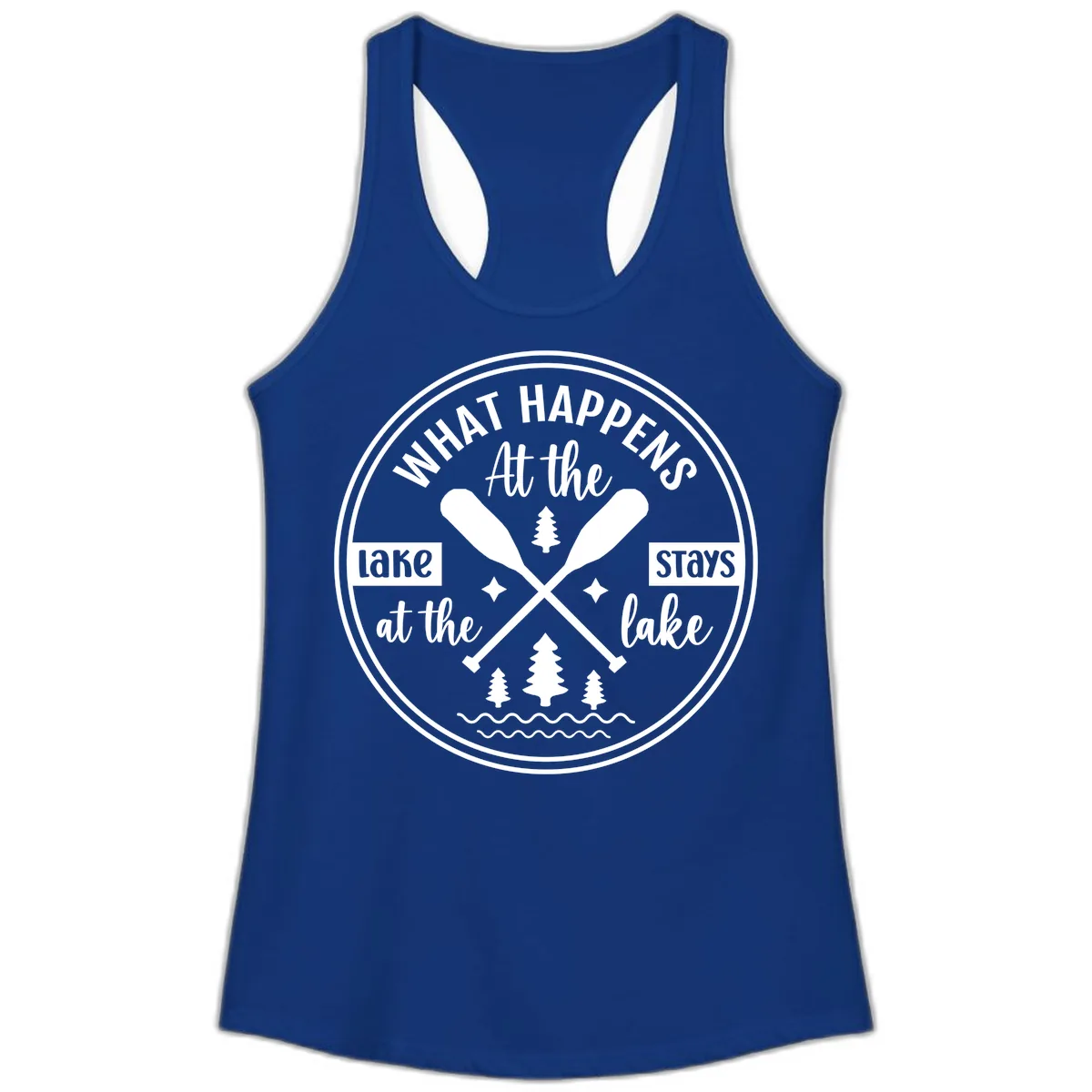 What Happens At The Lake Stays At The Lake Design Ladies Tank in Solid Royal