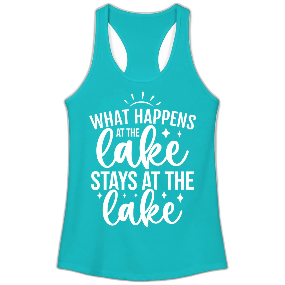 What Happens At The Lake Stays At The Lake Ladies Tank in Tahiti Blue