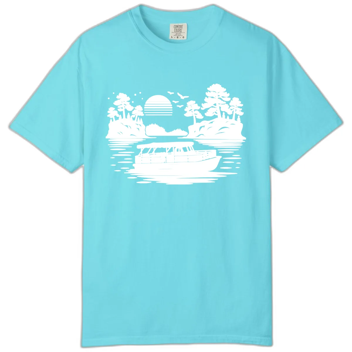 Pontoon Boat Scenic Sunset Comfort Color in Lagoon Blue