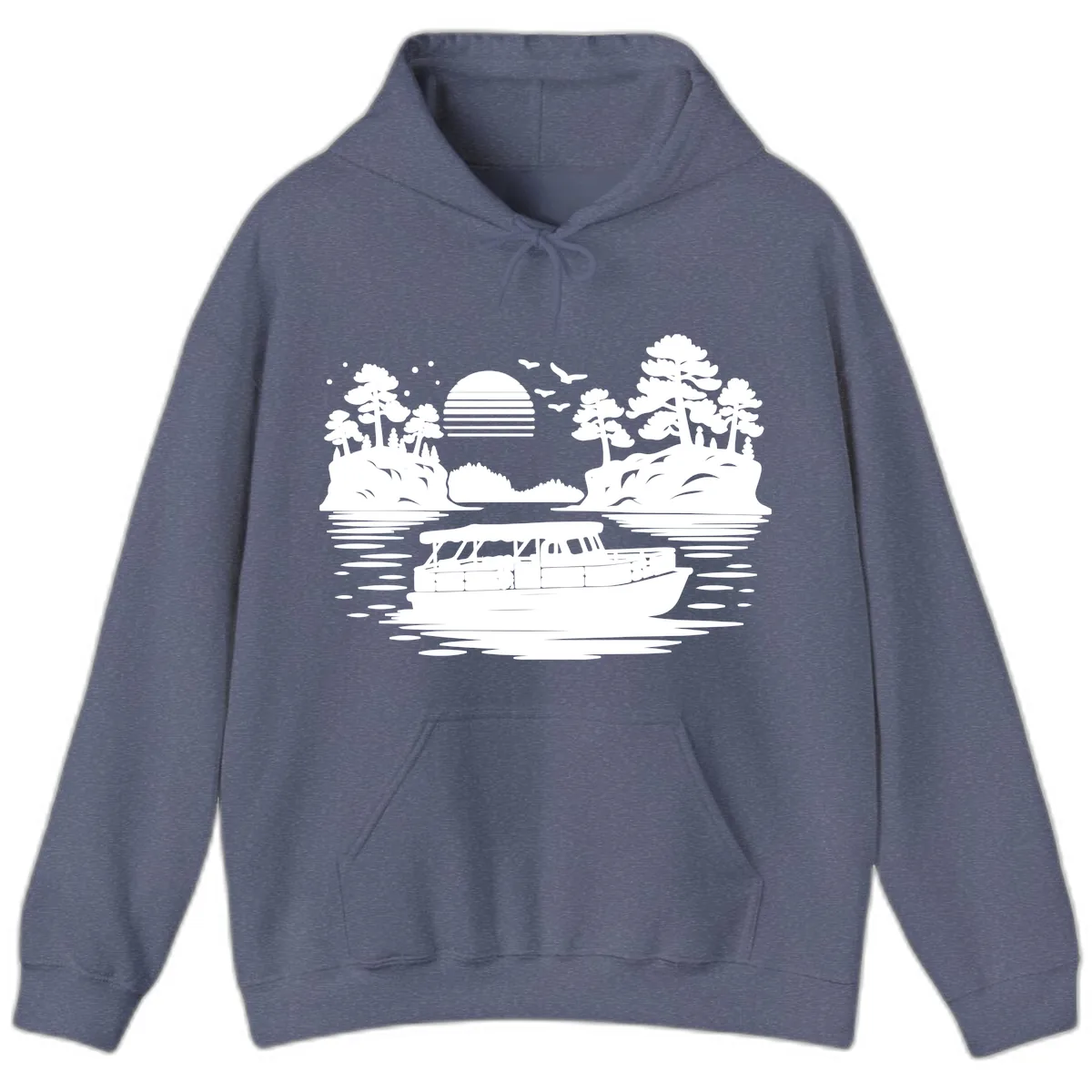Pontoon Boat Scenic Sunset Hoodie in Heather Navy