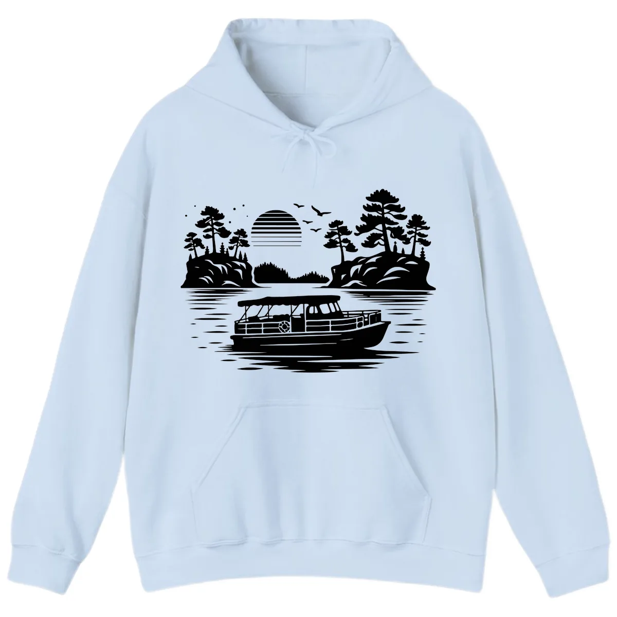 Pontoon Boat Scenic Sunset Hoodie in Light Blue