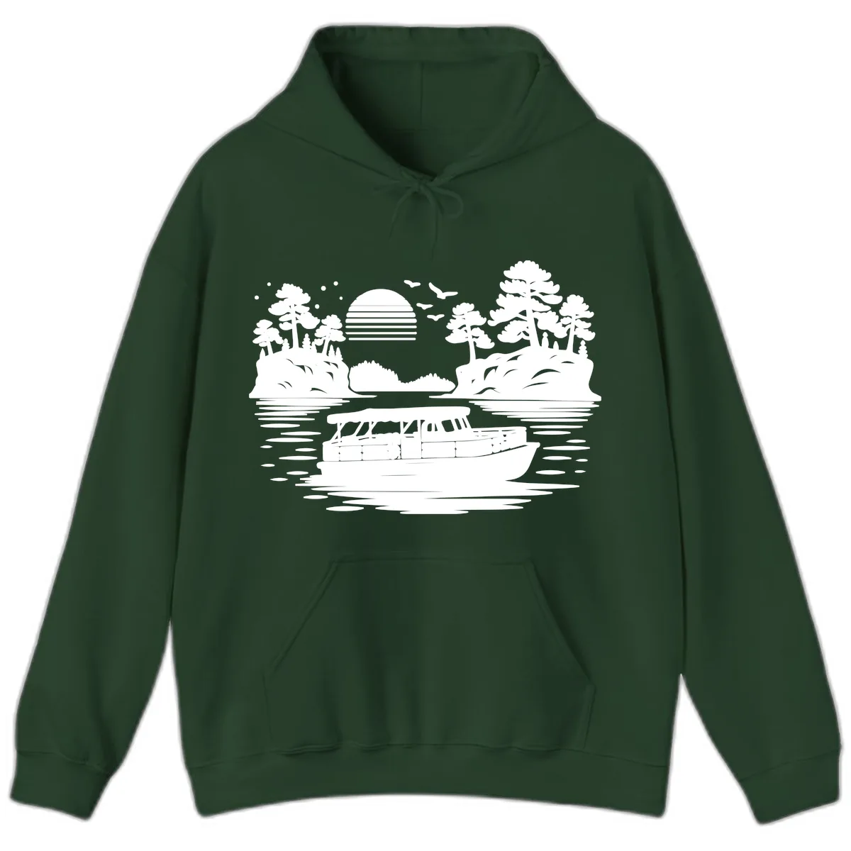 Pontoon Boat Scenic Sunset Hoodie in Forest Green