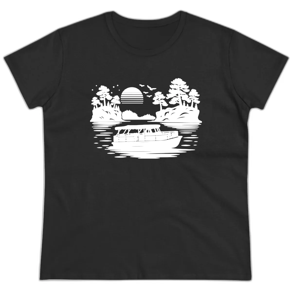 Pontoon Boat Scenic Sunset Ladies Tee in Black