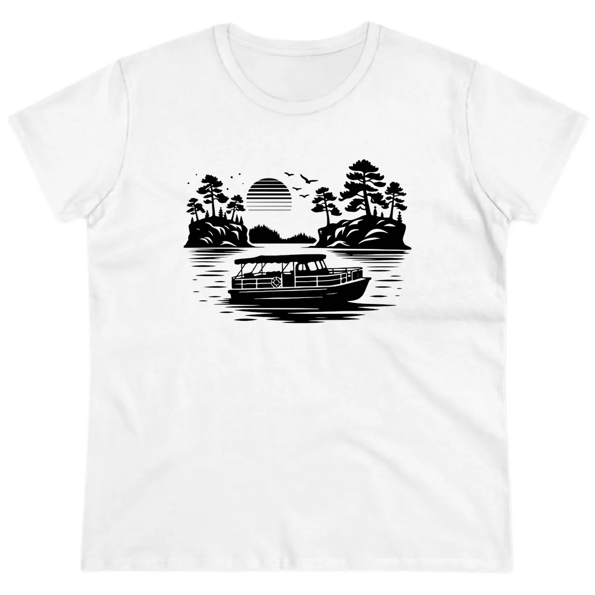 Pontoon Boat Scenic Sunset Ladies Tee in White