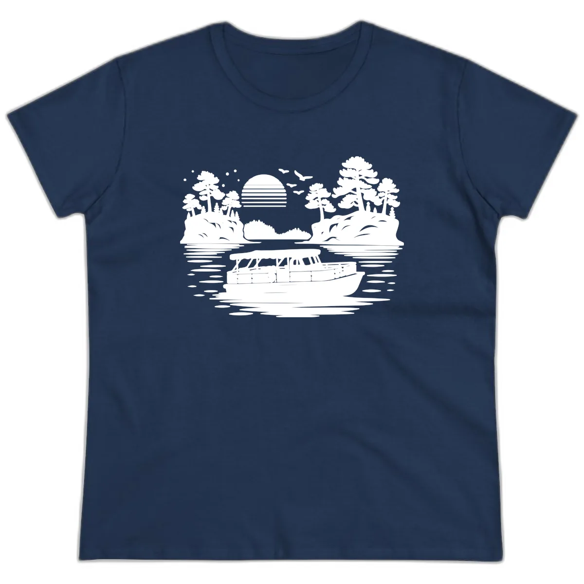 Pontoon Boat Scenic Sunset Ladies Tee in Navy
