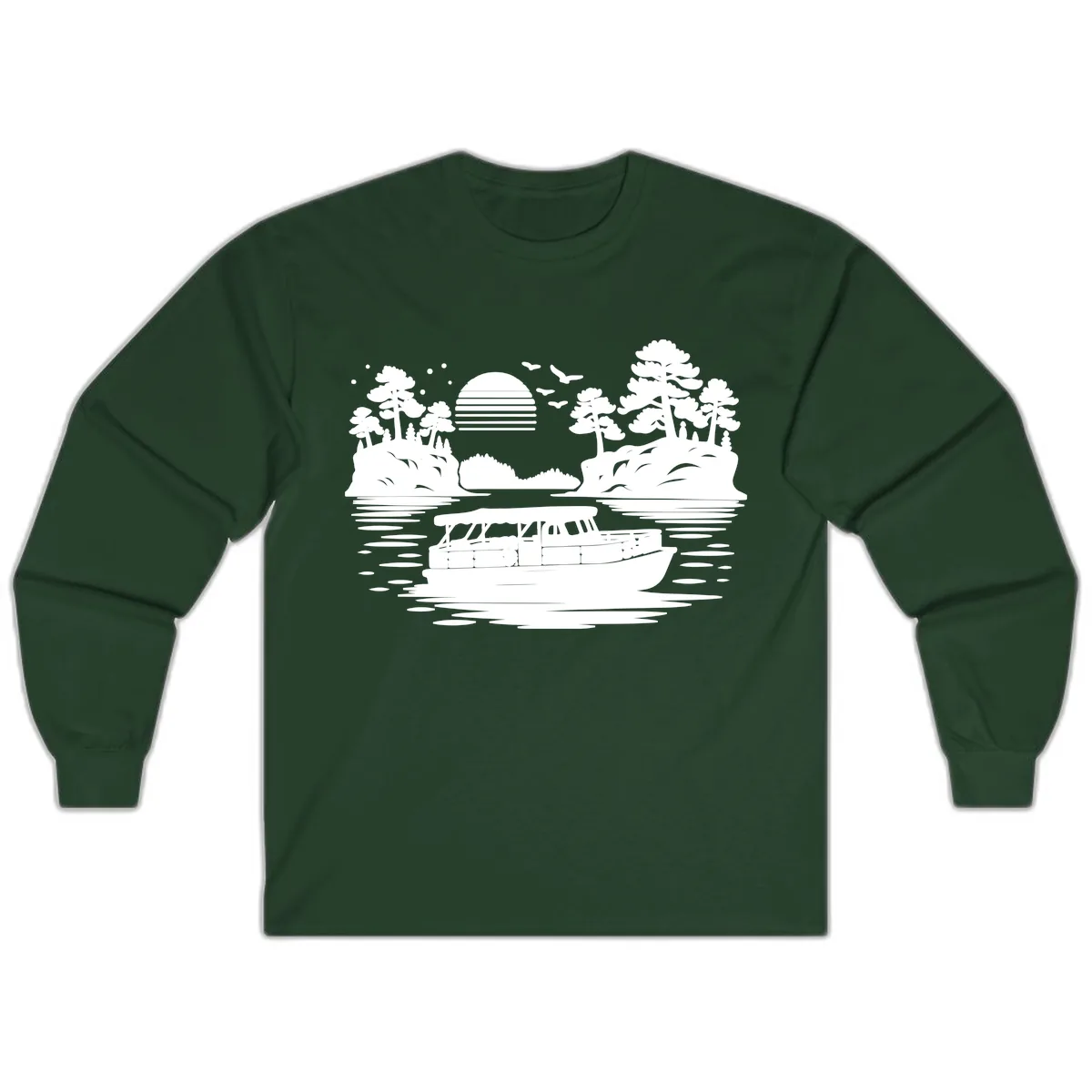 Pontoon Boat Scenic Sunset Long Sleeve in Forest Green