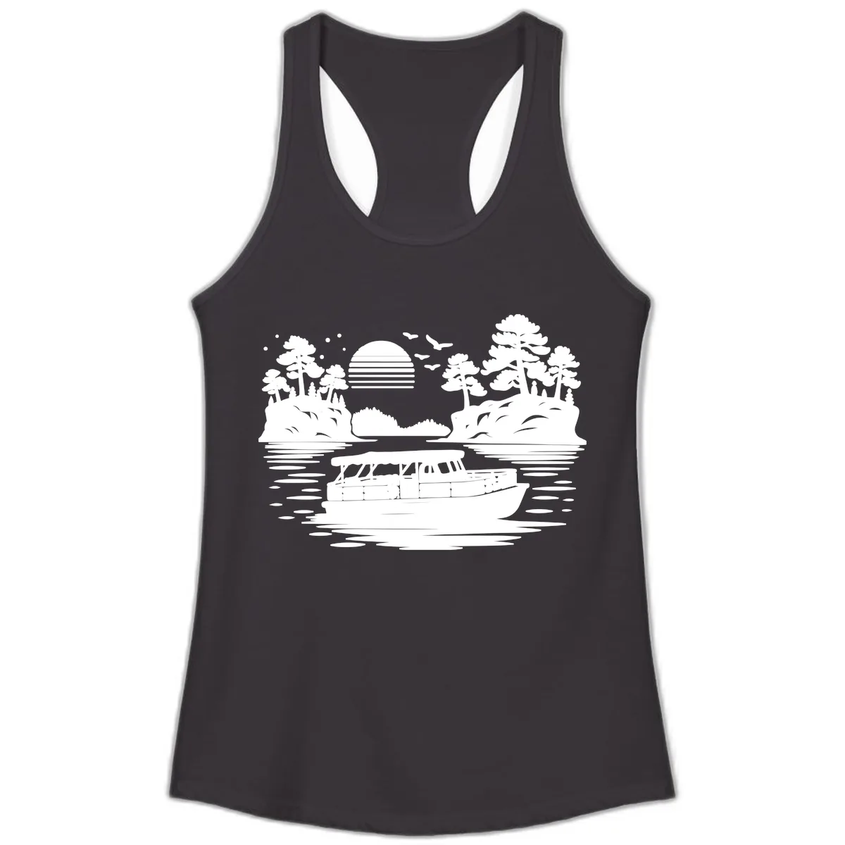 Pontoon Boat Scenic Sunset Ladies Tank in Black