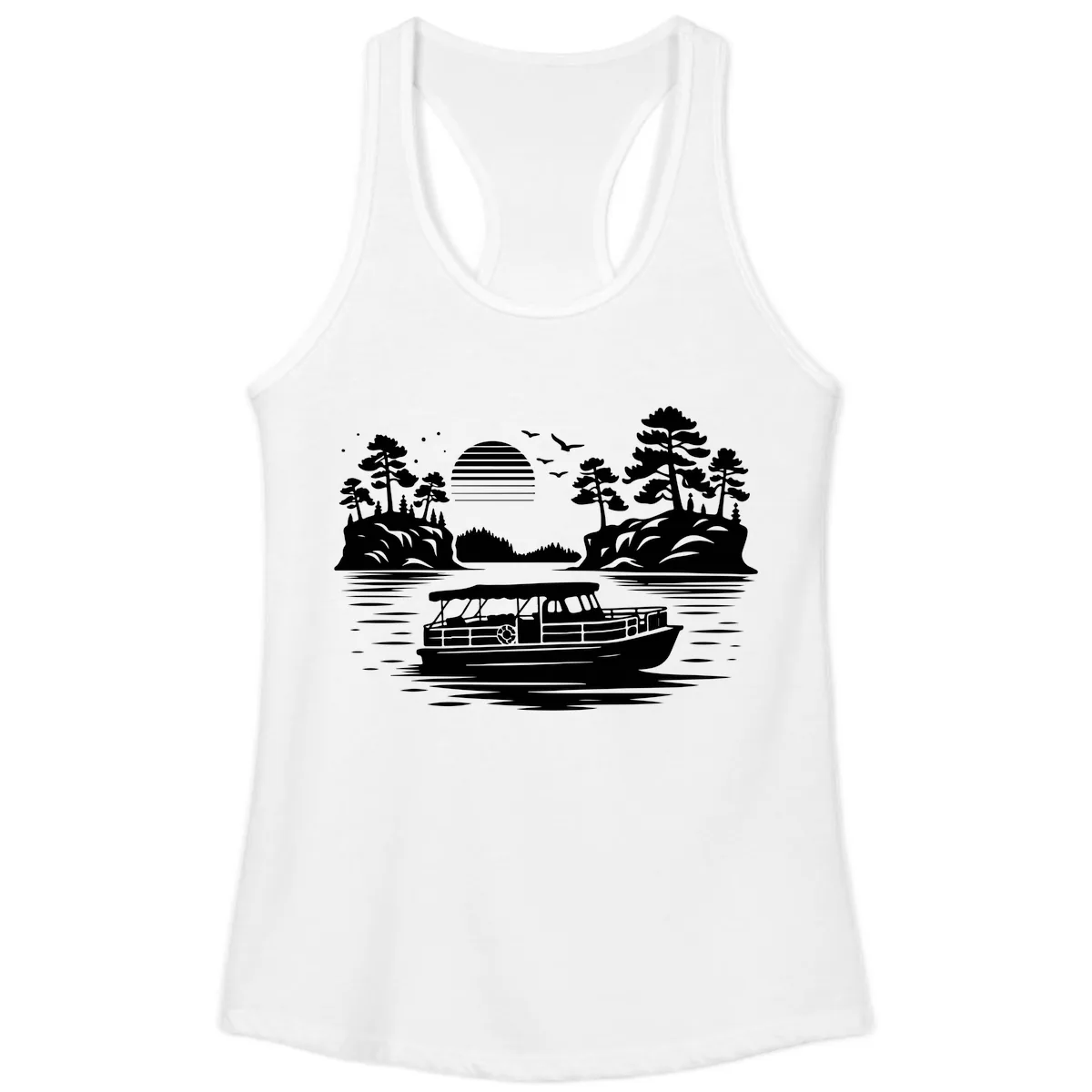 Pontoon Boat Scenic Sunset Ladies Tank in White