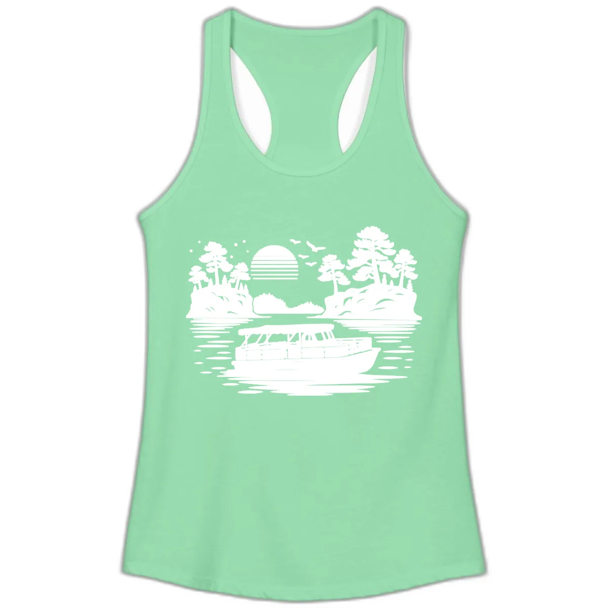 Pontoon Boat Scenic Sunset Ladies Tank in Solid Mint