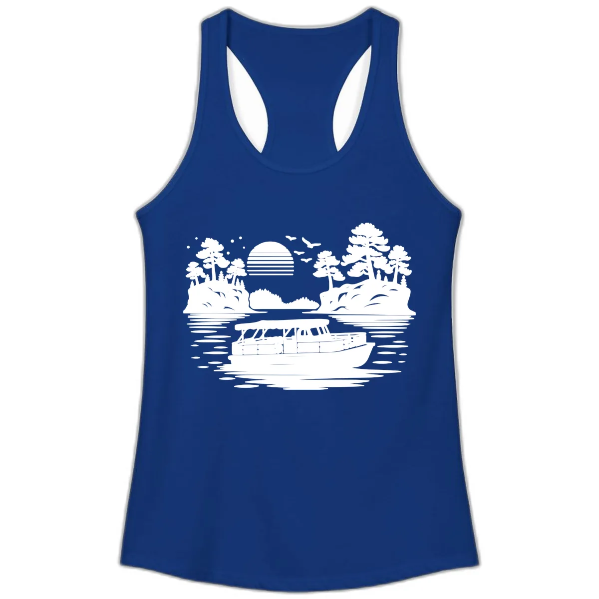 Pontoon Boat Scenic Sunset Ladies Tank in Solid Royal