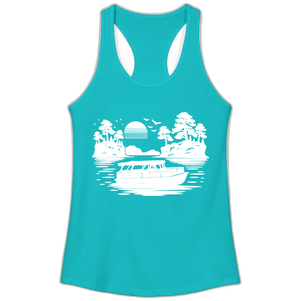 Pontoon Boat Scenic Sunset Ladies Tank in Tahiti Blue