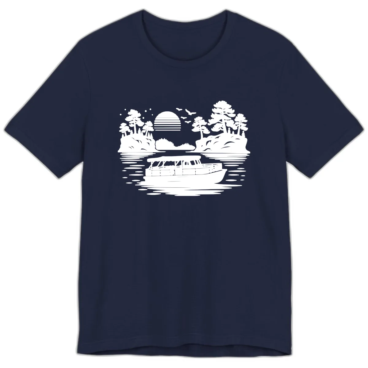 Pontoon Boat Scenic Sunset Premium T-Shirt in Navy