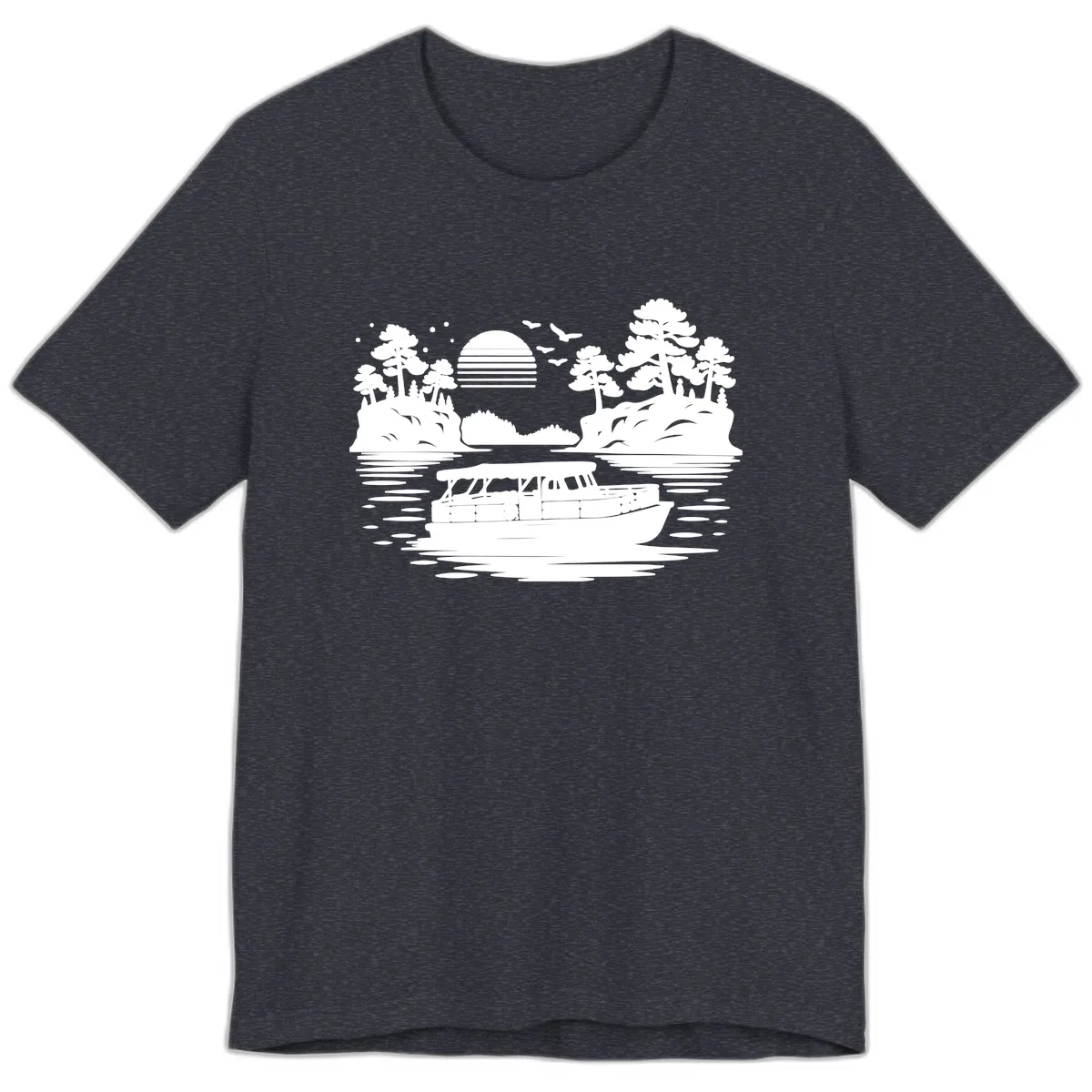 Pontoon Boat Scenic Sunset Premium T-Shirt in Heather Navy