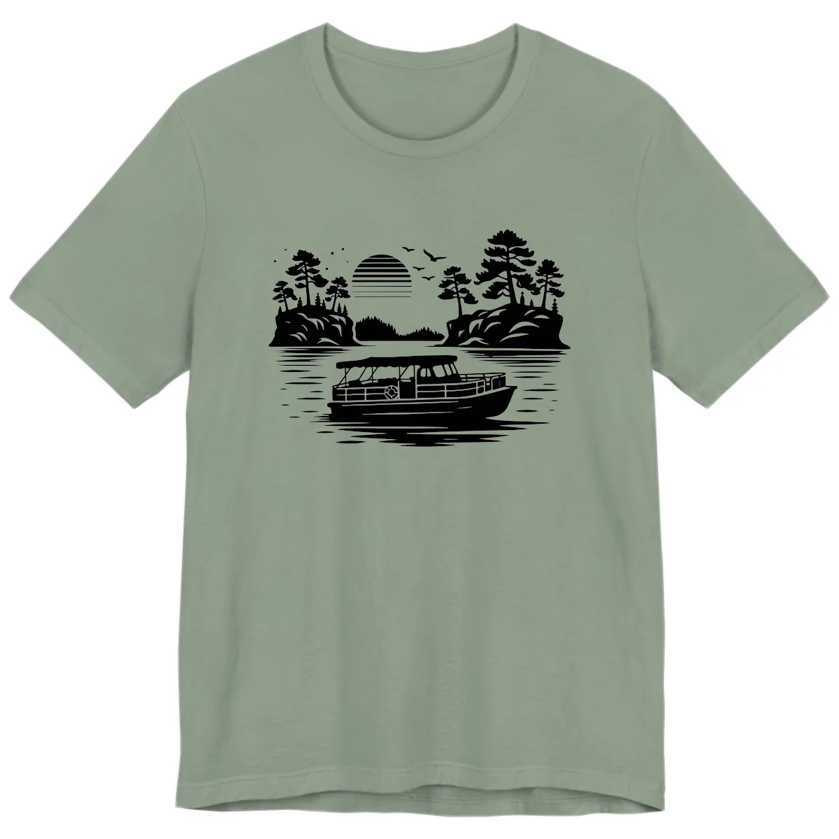 Pontoon Boat Scenic Sunset Premium T-Shirt in Sage