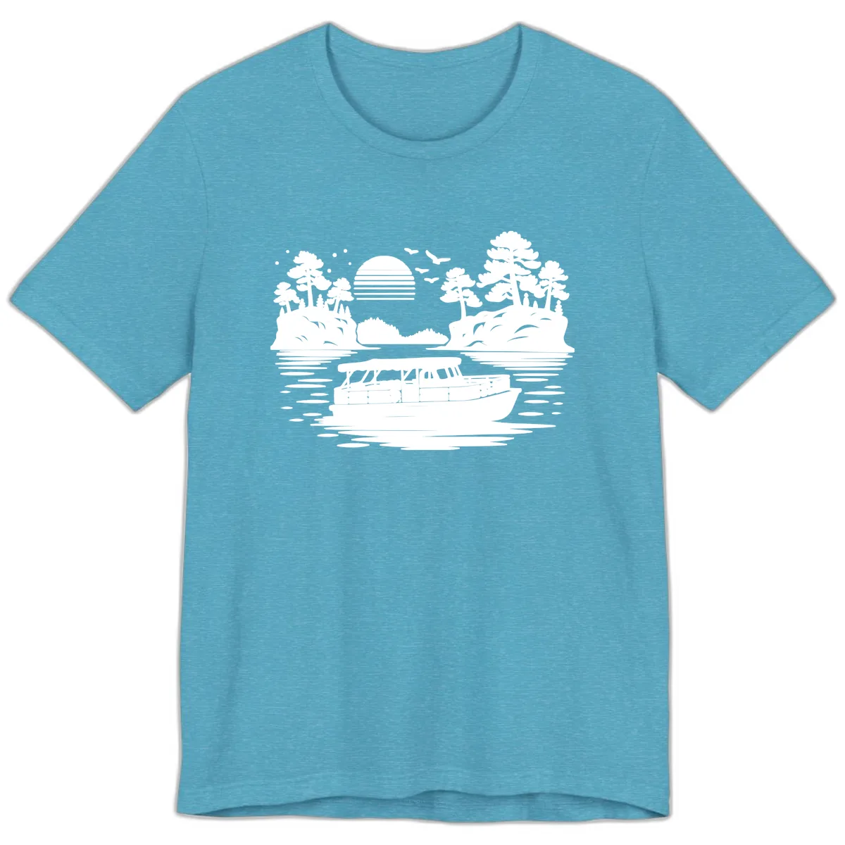 Pontoon Boat Scenic Sunset Premium T-Shirt in Heather Aqua