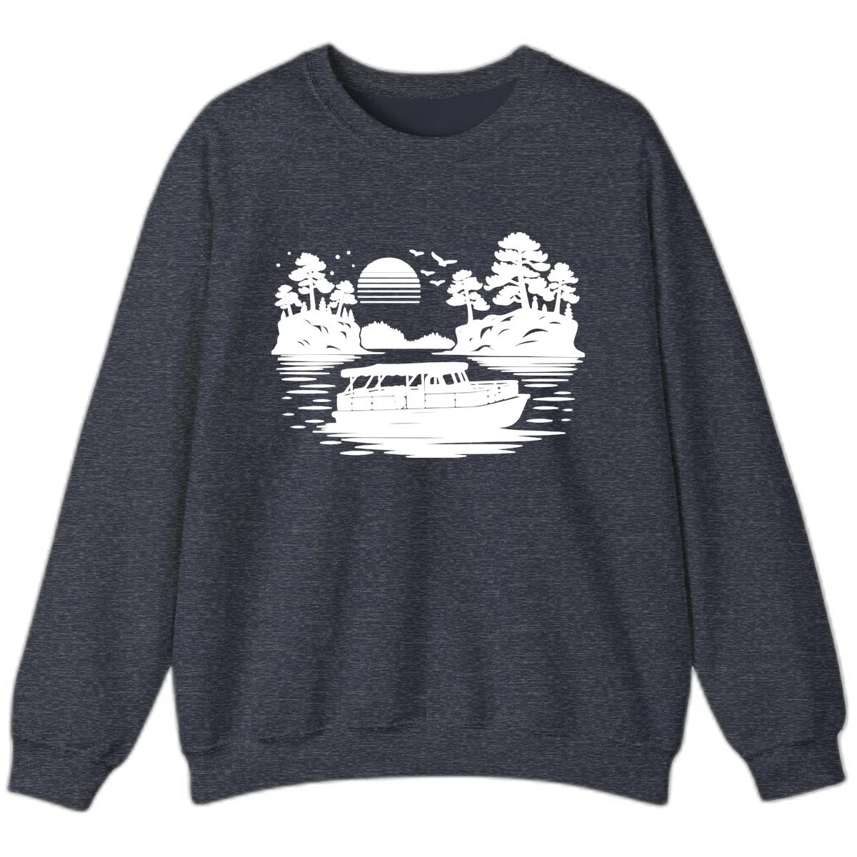 Pontoon Boat Scenic Sunset Sweatshirt in Heather Sport Dark Navy
