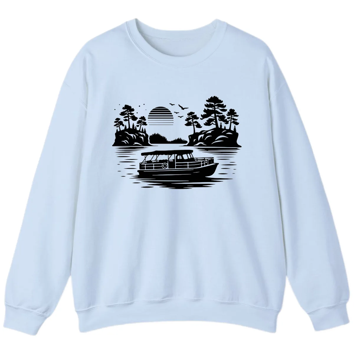Pontoon Boat Scenic Sunset Sweatshirt in Light Blue