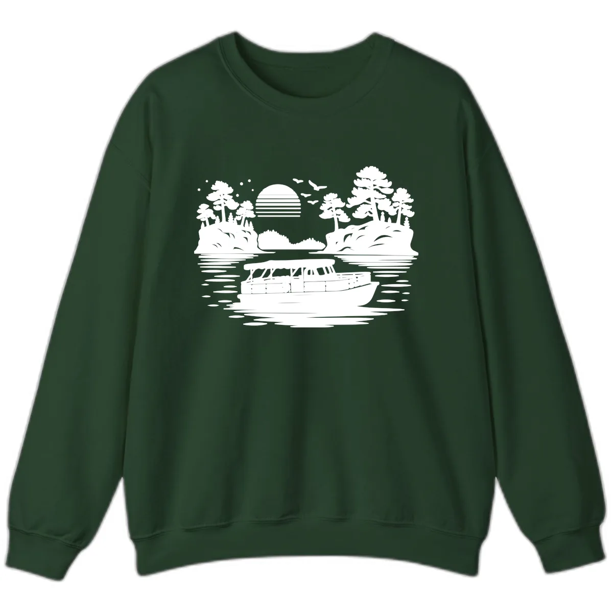 Pontoon Boat Scenic Sunset Sweatshirt in Forest Green