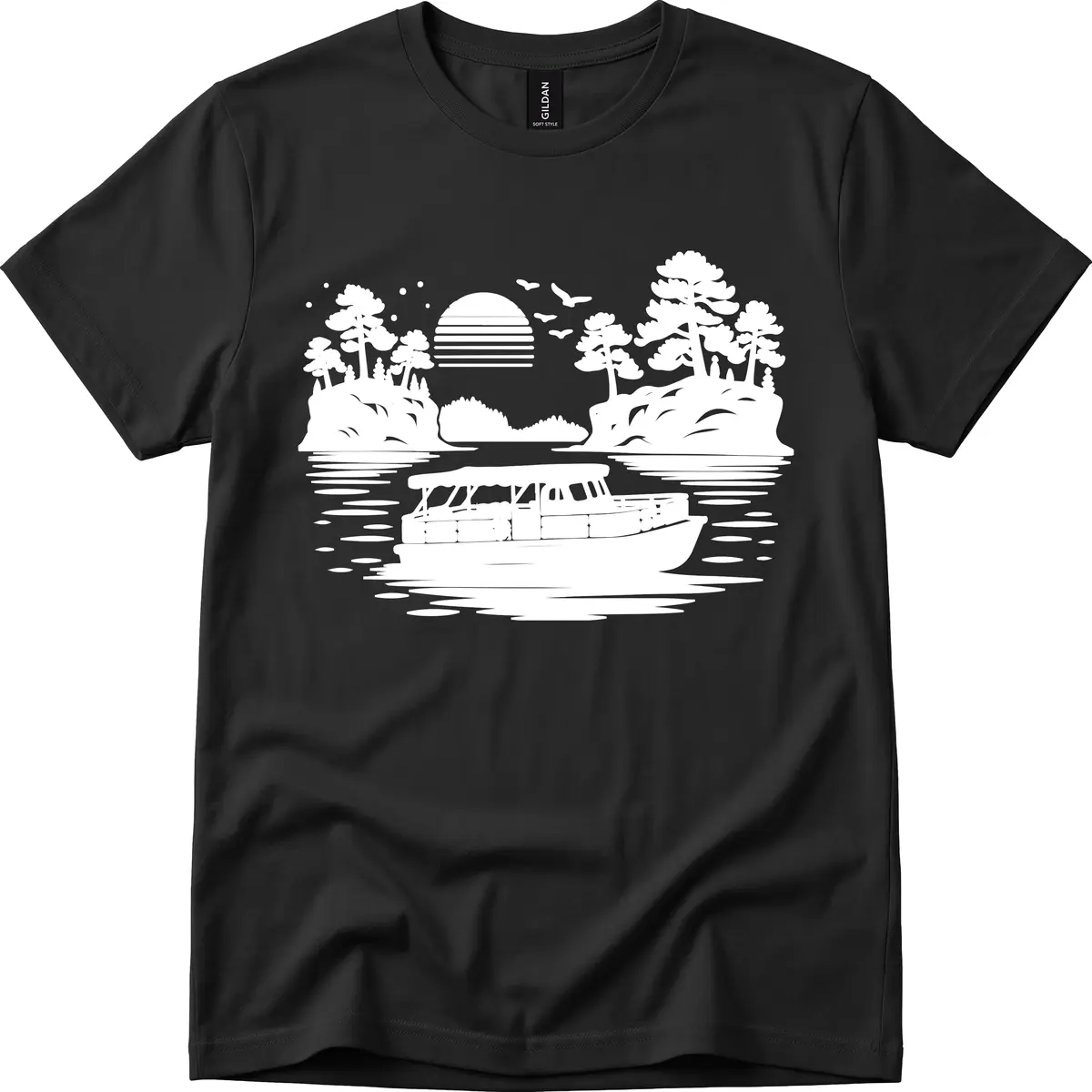 Pontoon Boat Scenic Sunset T-Shirt in Black