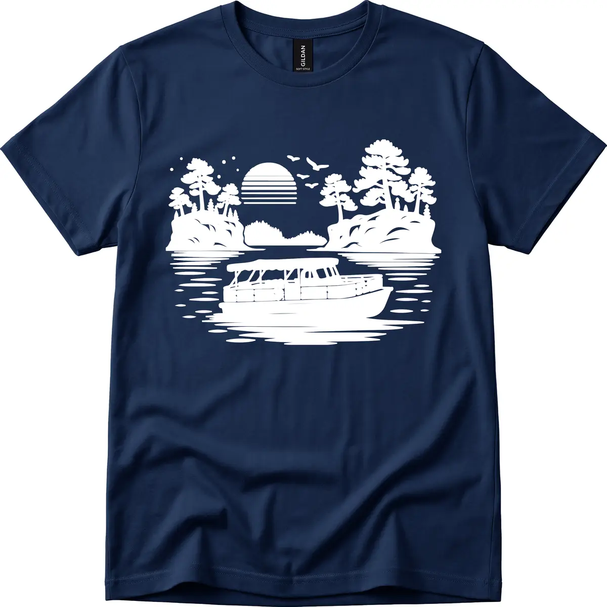Pontoon Boat Scenic Sunset T-Shirt in Navy