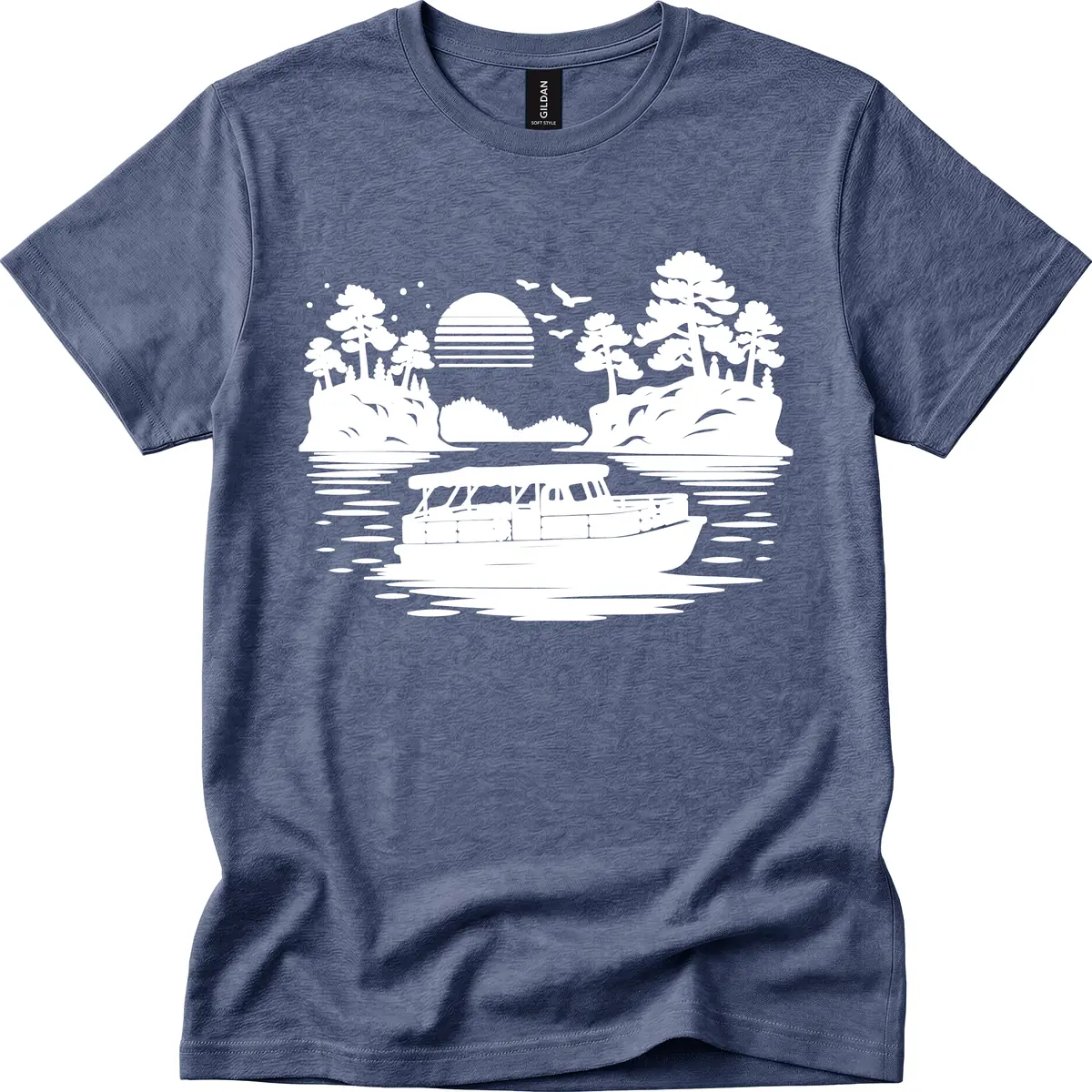 Pontoon Boat Scenic Sunset T-Shirt in Heather Navy