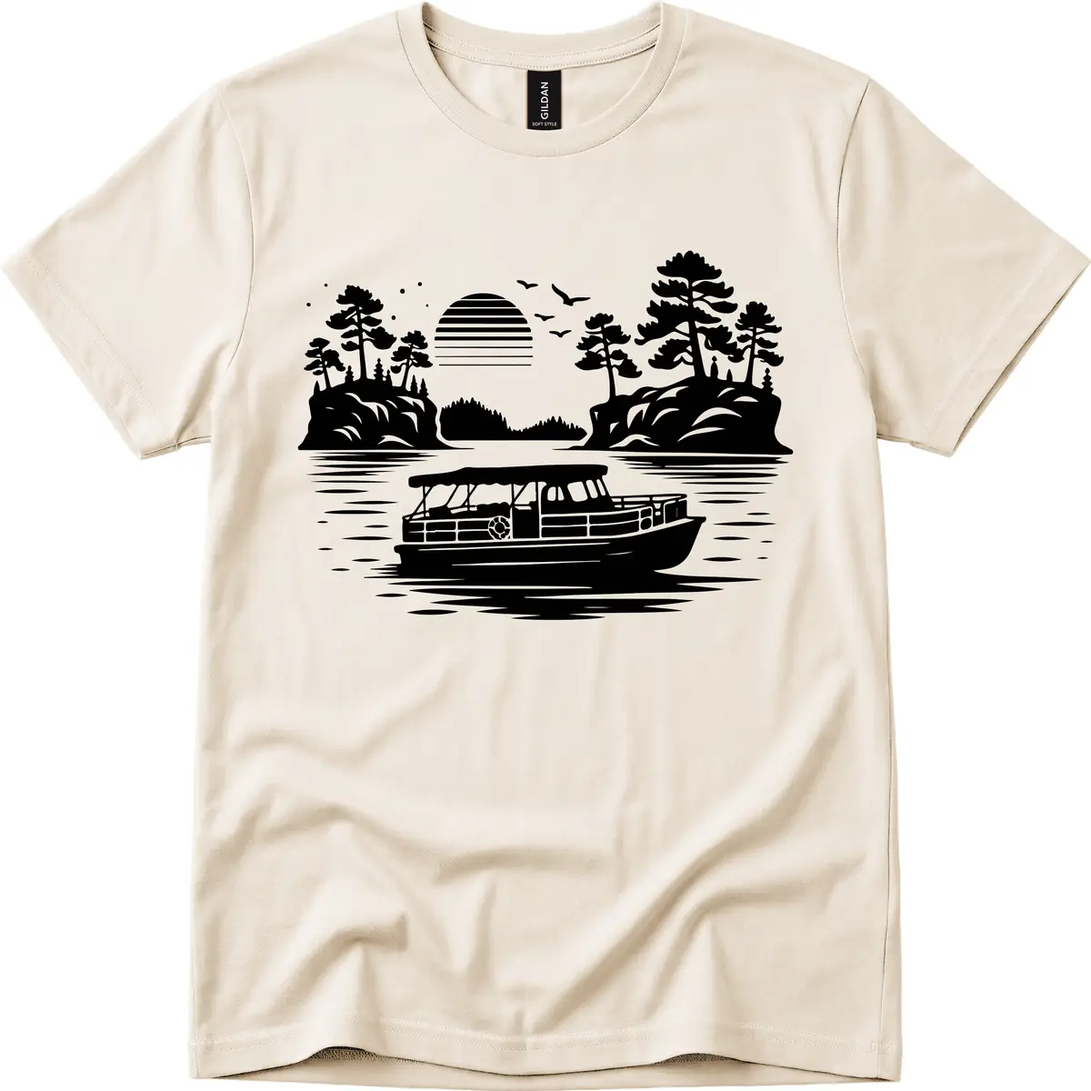 Pontoon Boat Scenic Sunset T-Shirt in Natural
