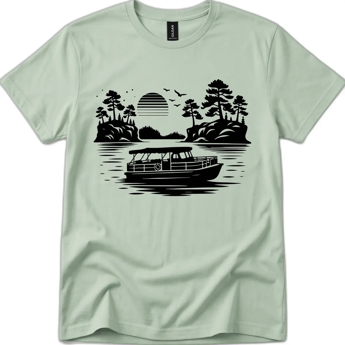 Pontoon Boat Scenic Sunset T-Shirt in Sage