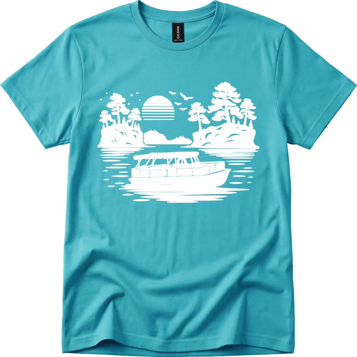 Pontoon Boat Scenic Sunset T-Shirt in Tropical Blue