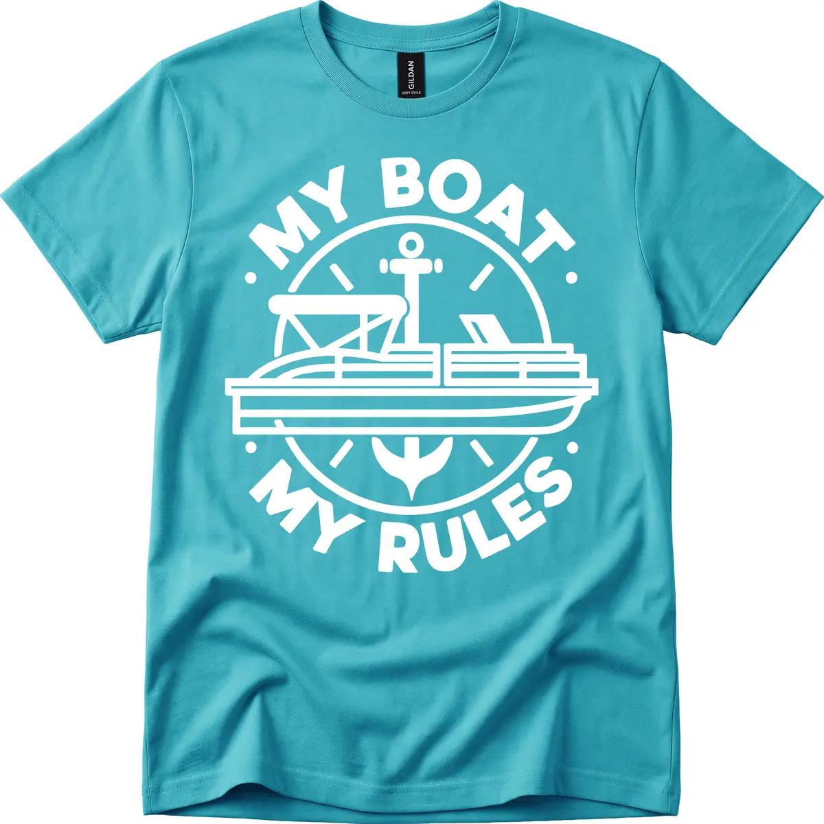 My Boat My Rules Pontoon Design T-Shirt in Tropical Blue