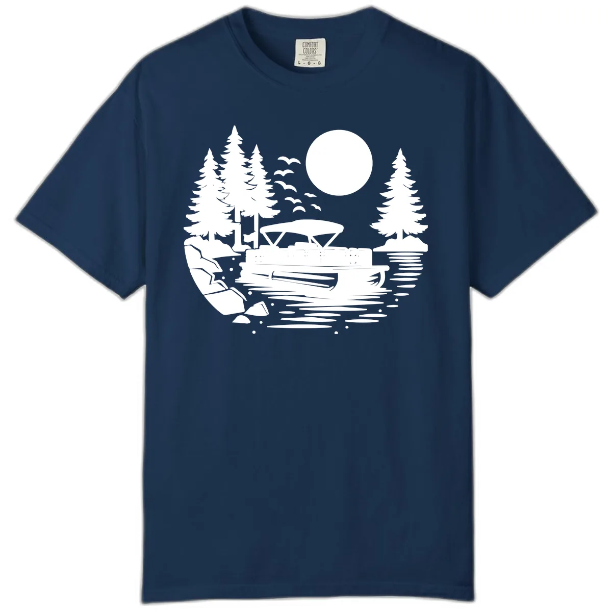 Pontoon Boat Sunset Scene Comfort Color in Navy